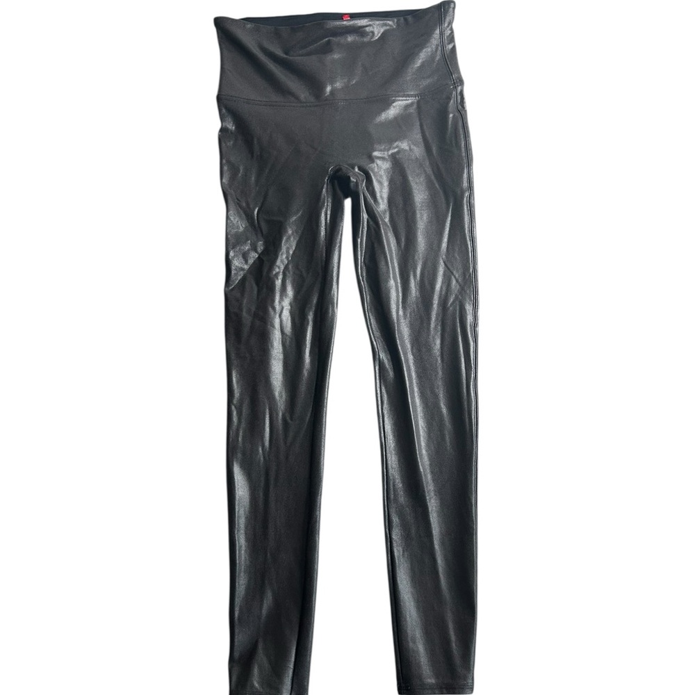 SPANX Faux Leather Leggings Black Shiny High Waist Tummy Control Size Large